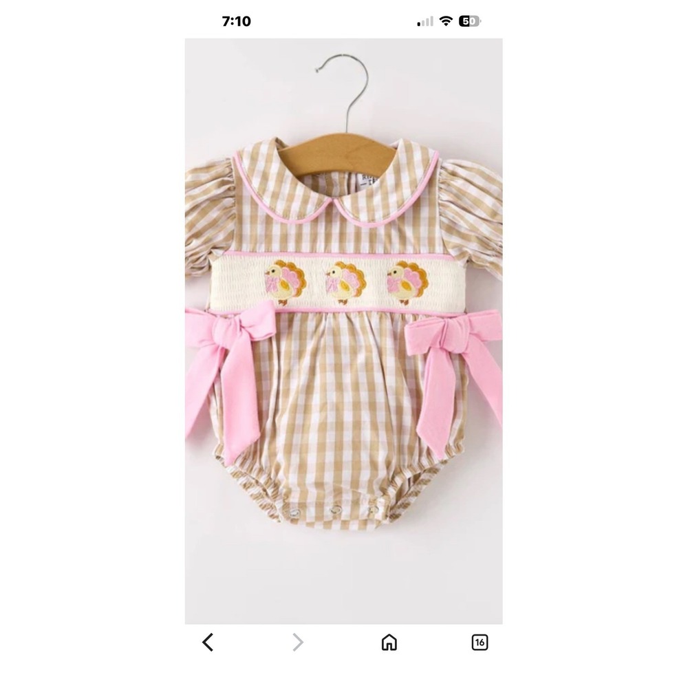 Rylee + Faith Baby Girl Thanksgiving Turkey Smocked Gingham Bubble Romper 12M
